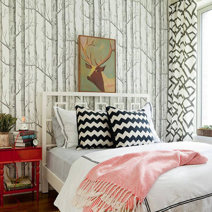 papel pintado arboles en cabecero dormitorio