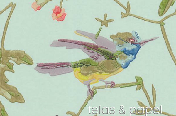 papel pintado colibris con fondo color azul verdoso