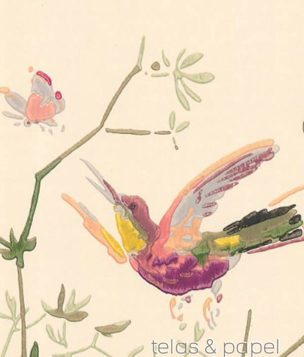 papel pintado con colibris con fondo blanco roto